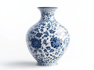 Elegant blue and white floral vase on white background studio shot showcasing delicate porcelain artistry and classic oriental design