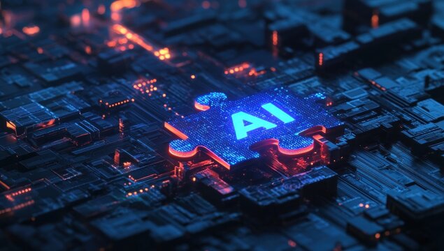 integrated ai puzzle piece glowing amidst intricate circuit board connectivity landscape future tech innovation