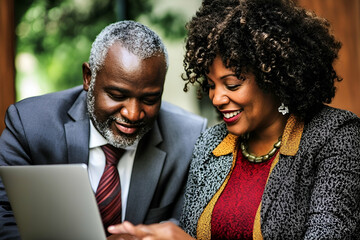 Smiling African American Business Couple Using Laptop Outdoors
