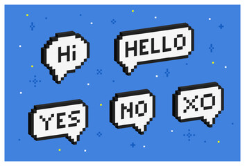 Set of 3d pixel speech bubbles. Isometric 8 bit message boxes. Volumetric mosaic chat messages. Cyber 3d chat box signs