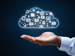 Human hand supporting glowing cloud made of tech icons, digital concept style, on dark background. Concept of cloud computing and digital data. Ai generative