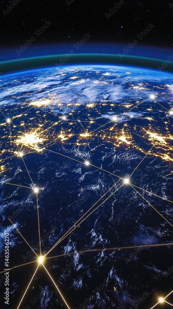 Aufkleber earth from space with network connections concept vertical view of continents and oceans illuminated