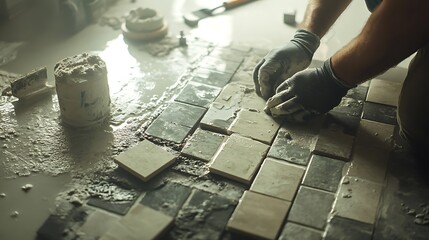 Tile Installation Process with Worker's Hands