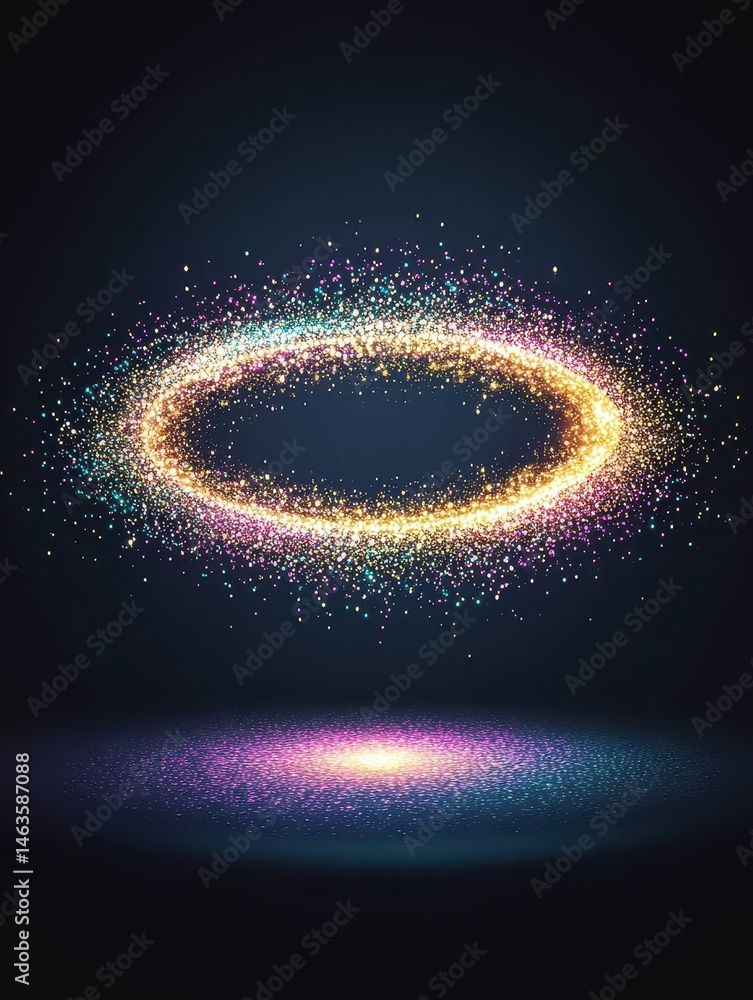 Poster abstract glowing ring of light particles on dark background studio shot with reflective surface for 