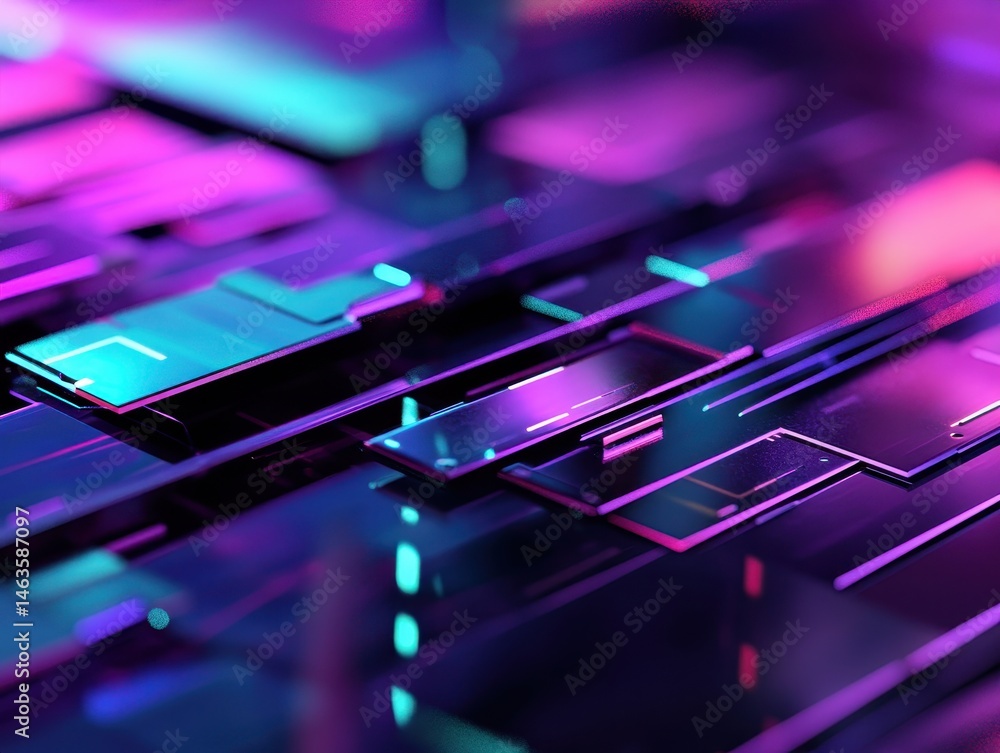 Poster abstract technology background close up of illuminated circuit boards with neon lights and reflectio