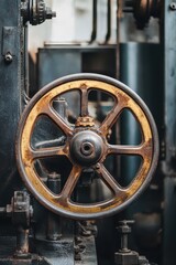 Obraz premium Close up of Rusty Industrial Wheel on Machine in Factory Setting at Eye Level for Steampunk Aesthetic