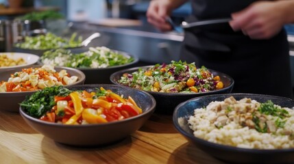 Fototapeta premium Colorful bowls of fresh salads and grains prepared in a modern kitchen, showcasing healthy eating
