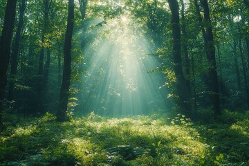 Fototapeta premium Serene sunlit forest with lush green undergrowth, peaceful woodland landscape