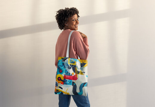 Afro black woman carries a tote bag while walking confidently. PSD template mockup ready to use