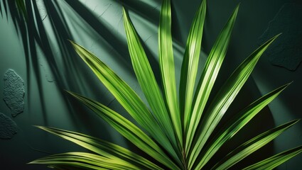 Fototapeta premium Green abstract background with tropical palm leaves and shadow effects, dark tone textures
