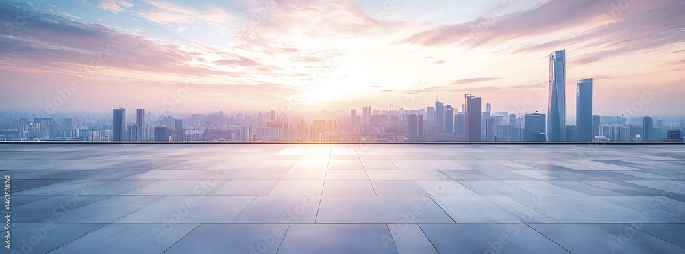 Aufkleber 晴れた日の夕暮れ時にグレーの舗装面から望む高層ビル群のパノラマの景観