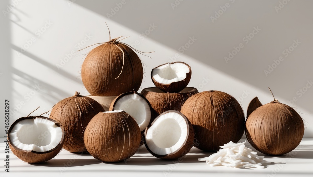 Aufkleber set of whole and half coconuts with shell and flesh