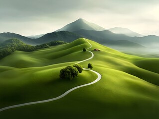 Idyllic rural landscape with rolling green hills and winding path
