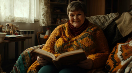 Smiling Elderly Woman Reading a Book in a Cozy Home Setting