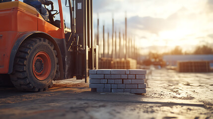 Forklift Moving Bricks at Construction Site
