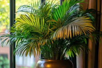 Fototapeta premium Indoor Palm Plant in Pot by Window Bright Green Fronds Interior Decor Home Office Tropical Houseplant Close Up
