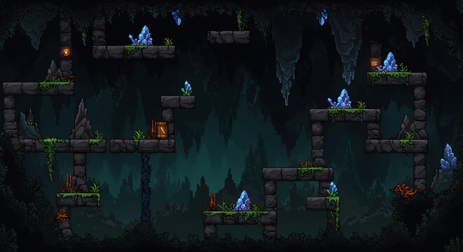Pixelated Cave Level Design with Crystals and Vegetation