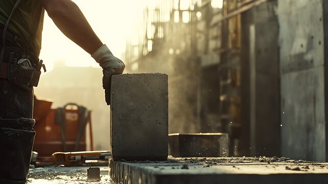 Construction Worker Handling Concrete Block