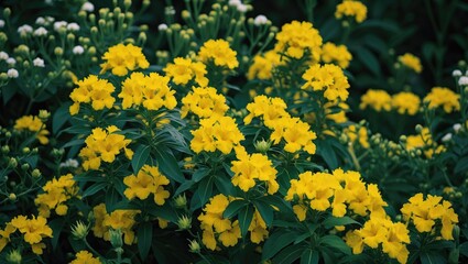 Obraz premium Bright yellow lantana blossoms amidst garden foliage