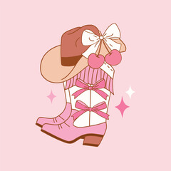 Western cowgirl boots and hat with bow. Hand drawn vector girly rodeo clipart. Perfect for sticker, tee shirt logo, greeting card, poster or nursery print design. EPS 10 vector file.