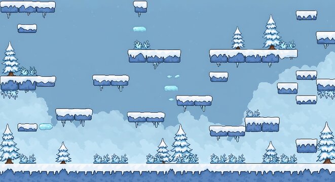 Winter Pixel Art Game Level Background with Floating Platforms