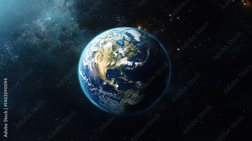 Poster planet earth view from space with north america visible in detailed 3d render with starry background