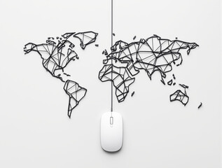 Geometric line world map design with computer mouse on minimal white background, symbolizing tech, digital connectivity, and global communication. Ai generative