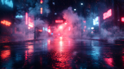 Futuristic urban landscape with neon reflections on wet pavement during rain night cityscape