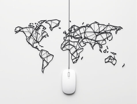 Geometric line world map design with computer mouse on minimal white background, symbolizing tech, digital connectivity, and global communication. Ai generative