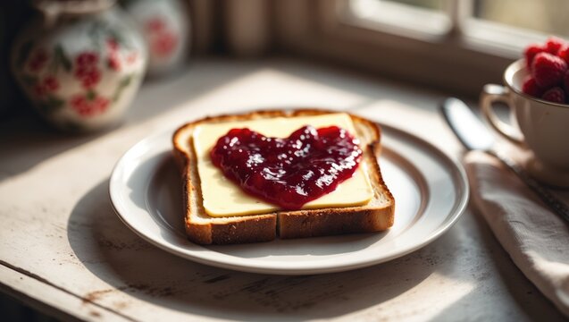 Breakfast setting with toast topped with heart-shaped jam