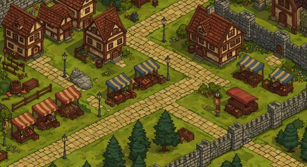 Obraz premium Medieval pixel art town marketplace scene with stalls and houses