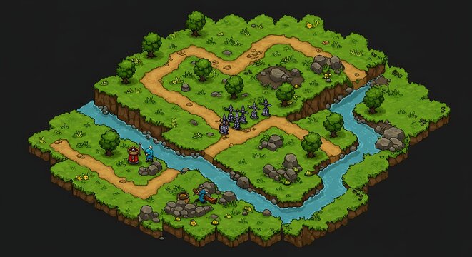 Pixel art isometric map of a fantasy game world