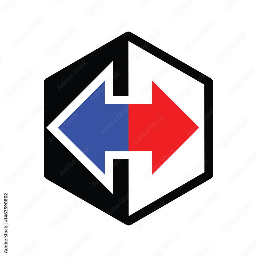 Poster the image shows a flat logo design of a hexagonal cube shape with two arrows in red and blue facing 