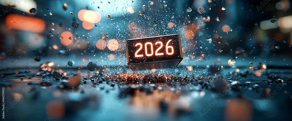 Poster futuristic 2026 cube with glowing numbers amidst a dynamic, deconstructed scene