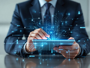 Businessman in suit using a digital tablet with glowing tech interface, futuristic circuit elements on bright office background. Concept of innovation. Ai generative