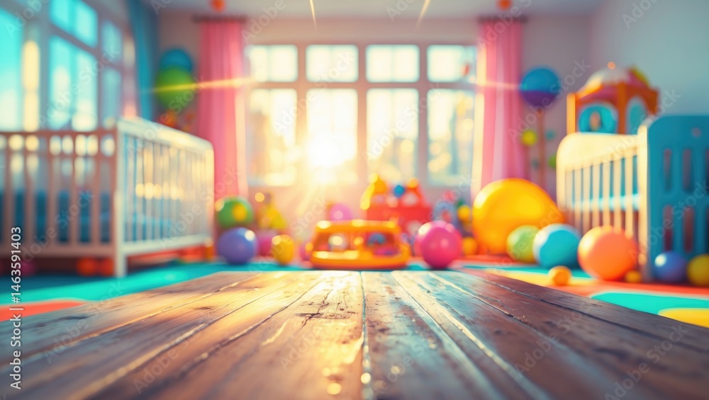 Poster wooden table empty space in front of a blurred background filled with toys. presentation for product
