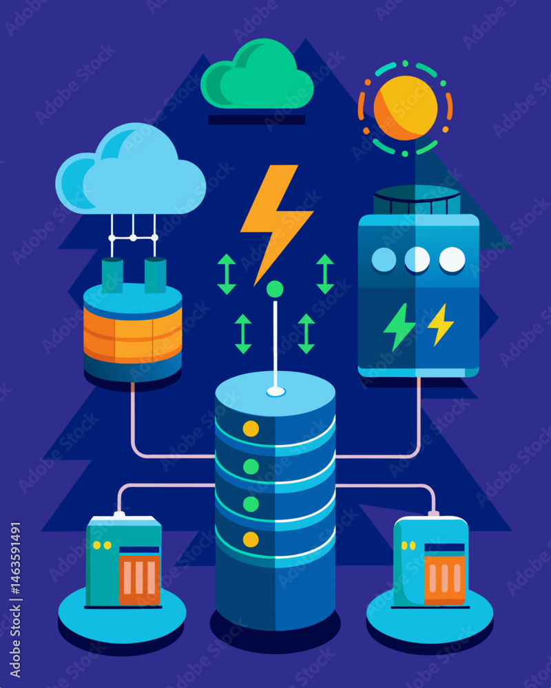 Poster an intelligent energy storage system adjusting to energy needs based on weather patterns.. vector il