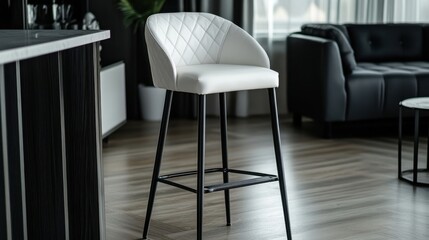 White leather bar stool with black metal frame