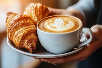 Holding Plate with Croissants and Latte Art Coffee in White Cup Close Up Overhead Cafe Scene