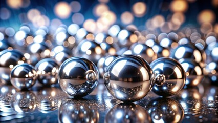 Chrome balls reflecting light on a shiny metallic background, with a blurred effect to emphasize the sparkles and movement of the balls , reflection, light