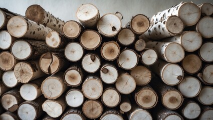 Detailed view of birch logs and twigs for fireplace kindling