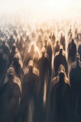 Obraz premium Abstract Crowd of People Walking Forward in Hazy Light, Conceptual, Motion Blur, Anonymous, Mass Movement, Warm Tones
