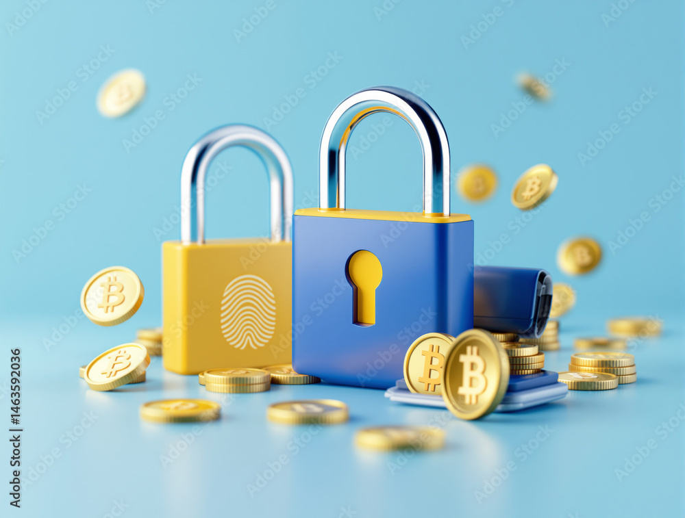 Poster two colorful padlocks with digital icons surrounded by floating and stacked bitcoin coins on a blue 