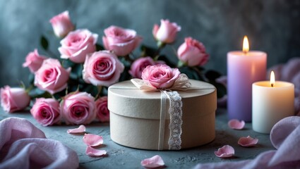 Pink roses, gift, and candles arranged for greeting card concept