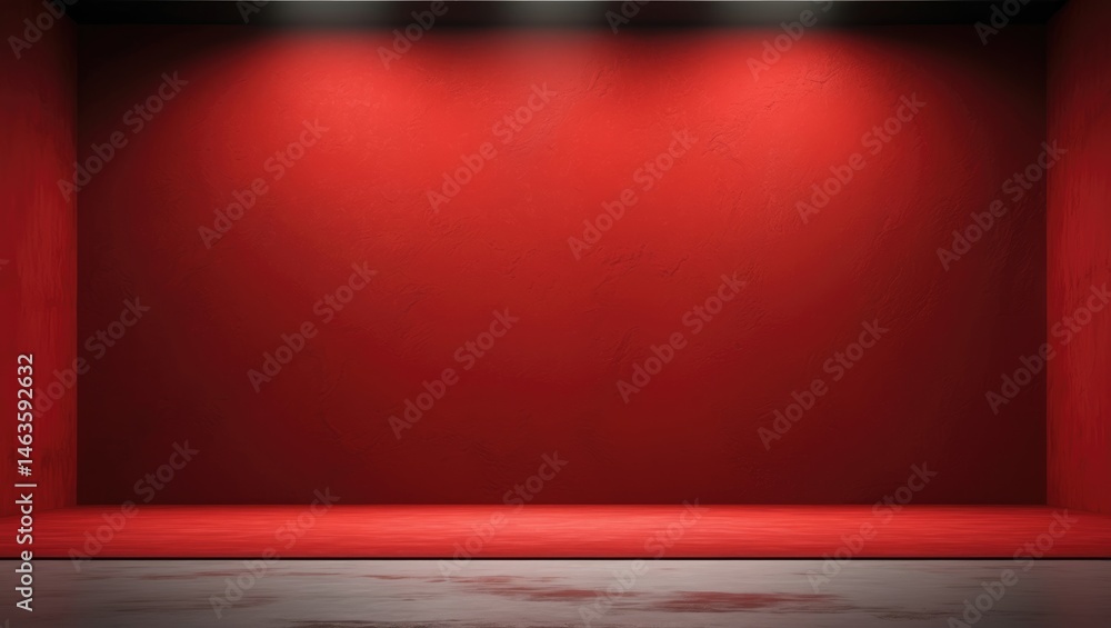 Poster bright red background in studio setting featuring product display area and blank space for content.