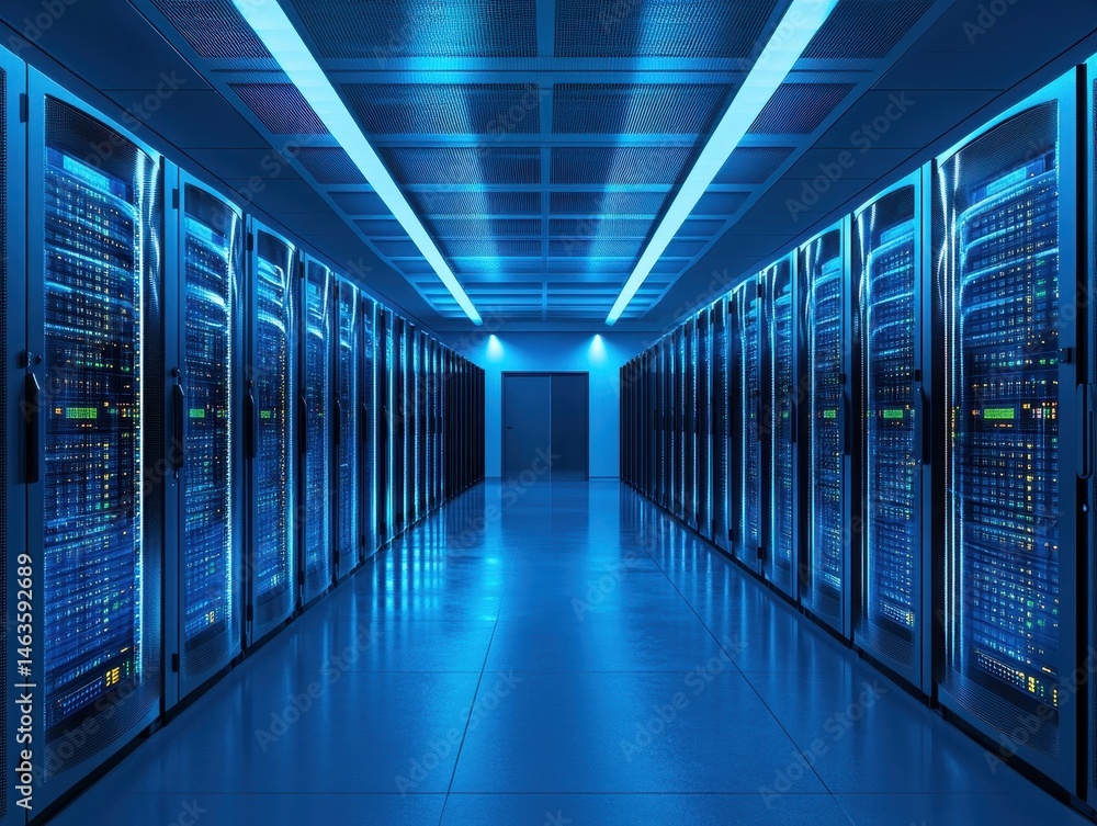 Poster data center perspective showing rows of server racks in a blue lit room for cloud computing and data