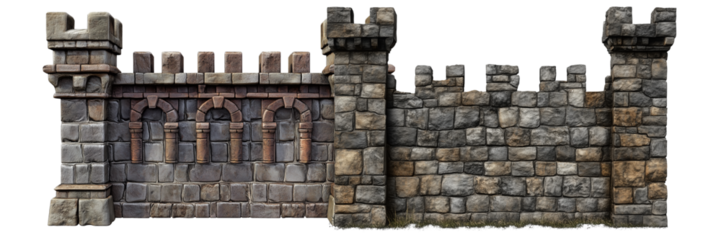 Set of a castle wall made of stone, light brown wooden, isolated on transparent background. (2)