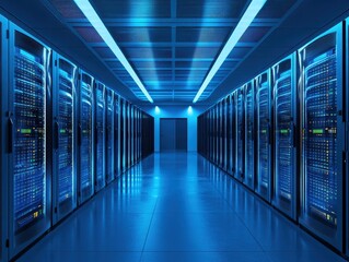 Fototapeta premium Data center perspective showing rows of server racks in a blue lit room for cloud computing and data storage solutions
