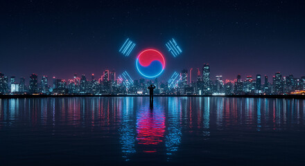 South Korea Flag Neon over City Skyline at Night with Water Reflection and Silhouette
