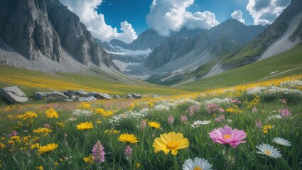 Fototapeta premium Vivid mountain landscape featuring alpine flowers and lush pastures with rocky peaks and steep, stony slopes under a veil of clouds during summer